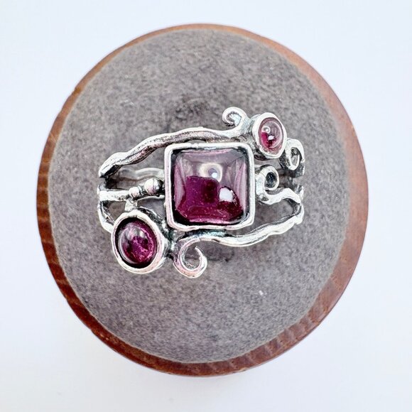VTG Sterling Silver 925 Garnet Wavy Scroll Band Statement Ring Size 8.75 - Picture 1 of 7